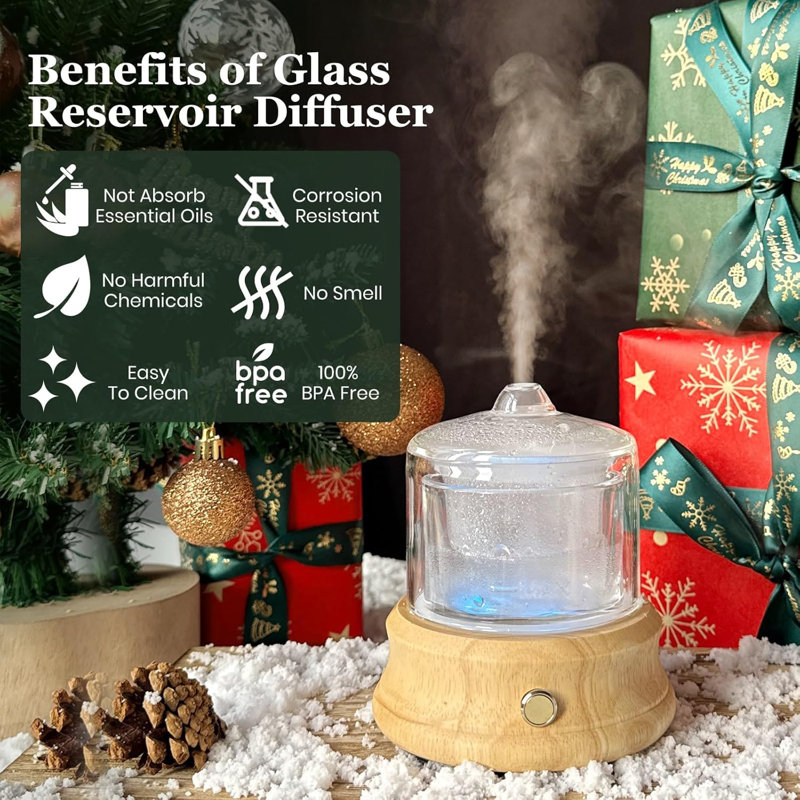 80ML Glass Essential Oil Diffuser With Glass Reservoir, Wood Base, Small Ultrasonic Aroma Diffusers With Auto,Off 7 Colour For Home Office Bedroom Yoga