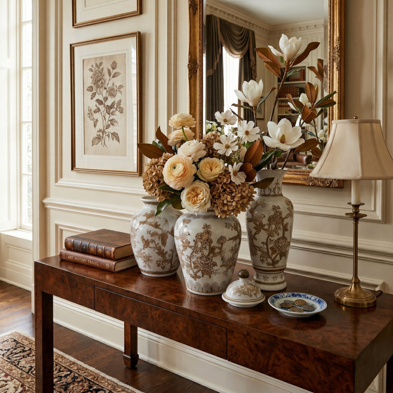 Hand-Painted Decorative Chinoiserie Vase Collection for Home Decor - Ceramic Ginger Jar, Floral Vase & Tall Table Vase - Modern Classic Centerpiece Set for Living Room, Dining Room - Set of 3, White & Brown