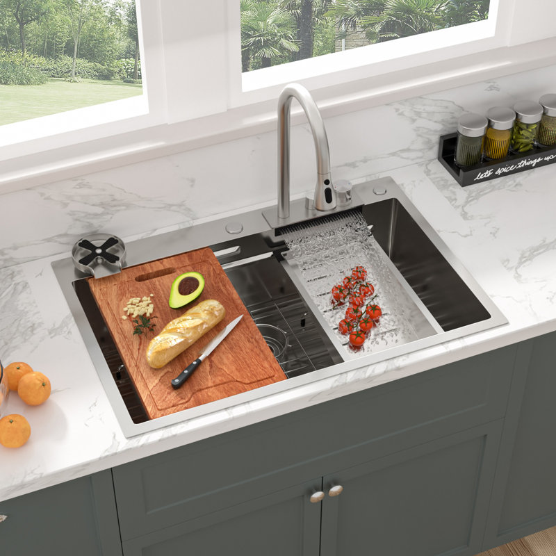 33" L x 22" W Drop-In Waterfall Kitchen Sink Single Bowl 304 Stainless Steel Workstation with Waterfall Faucet Combo and Cup Sprayer