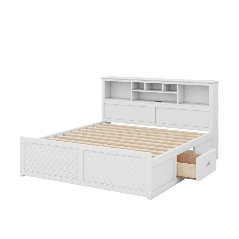 Lit plateforme très grand en bois avec tête de lit multi-rangement, USB et tiroirs, Blanc