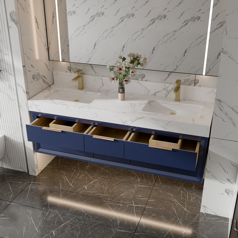 Meuble-lavabo mural de 60 po avec armoire en bois massif Melora, comptoir en pierre naturelle, tiroirs à fermeture en douceur et éclairage de designer DEL Melora