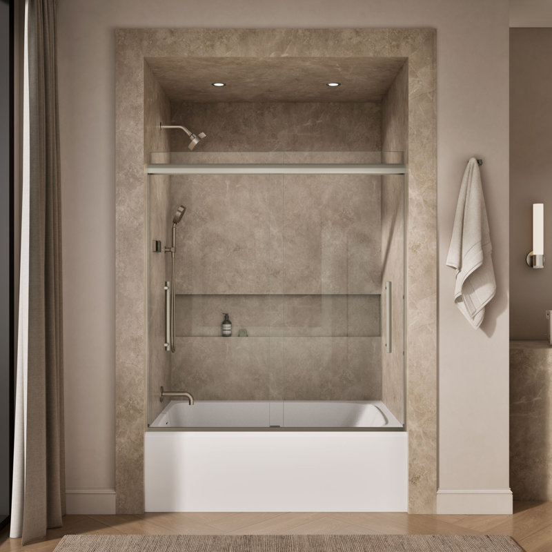 Pleat® 63-9/16"H Frameless Sliding Bath Door with 5/16"-Thick Crystal Clear Tempered Glass, Nickel