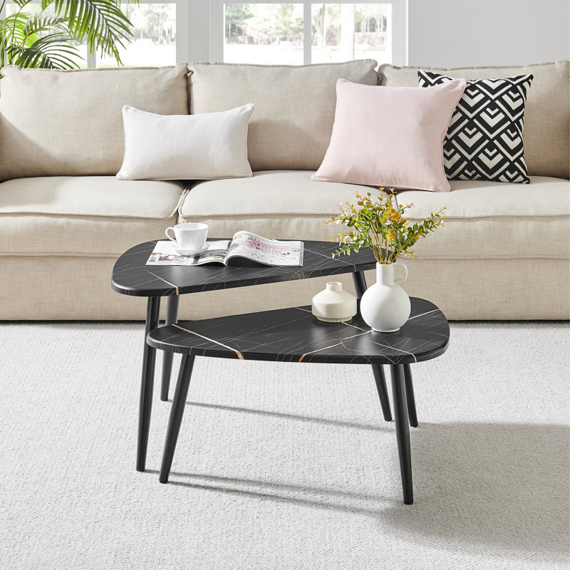 Aurora Black Marble and Metal Oval Semi-Nested Coffee Table Set