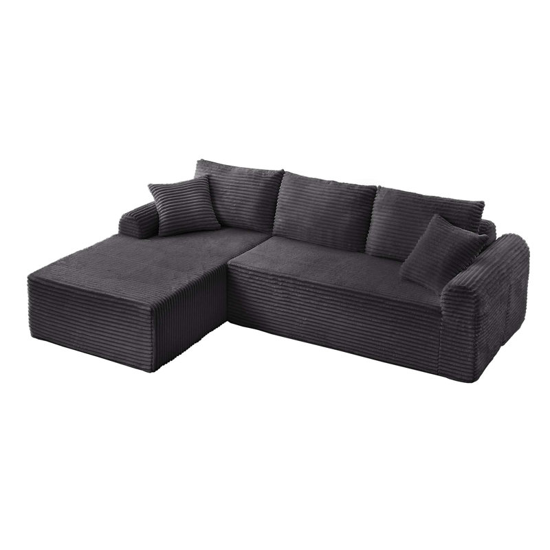 Full-Compression Corduroy Modular Sectional With Armrests & 2 Throw Pillows, Dark Gray Corduroy