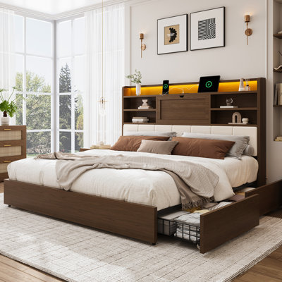 King Platform Bed with Upholstered Headboard & Storage Drawers, Walnut