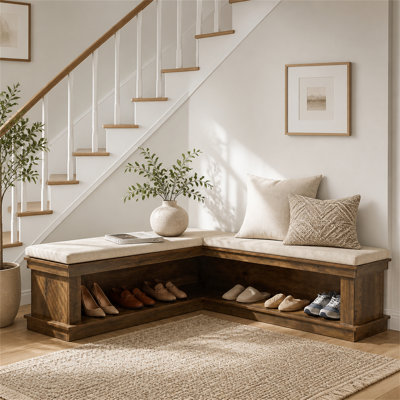 Banc de rangement en L avec coussin, banc de rangement pour chaussures 63 "avec tablettes ouvertes