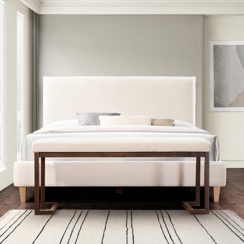 Elegant Boucle Fabric Pelican Seat - Pearl White Bedroom Grace Upholstered Bench Metal, Cream Comfortable & Luxury