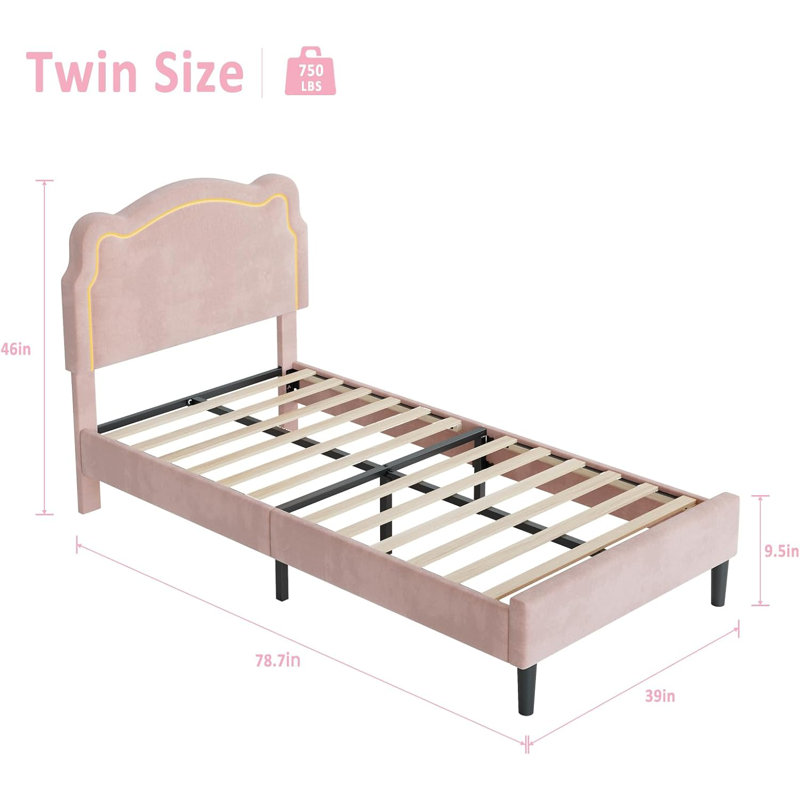 Structure de lit rembourrée avec lumière DEL intelligente, lit en velours avec tête de lit ajustable en forme d'ours, lit pour enfant avec lattes de bois, aucun sommier requis