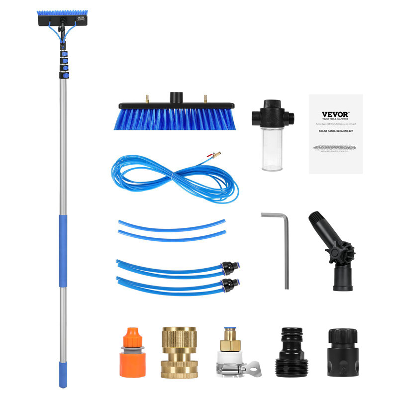 Ensemble de poteau alimenté à l'eau, poteau de nettoyage de panneau solaire de 30 pi avec poignée extensible, tête de brosse rotative à 180 ° et tuyau de 65,6 pi, outil de nettoyage de fenêtre domestique et extérieur pour la terrasse du panneau solaire de caravane