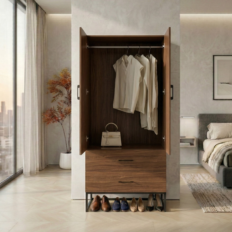 Grande armoire moderne en bois avec base en métal, Café