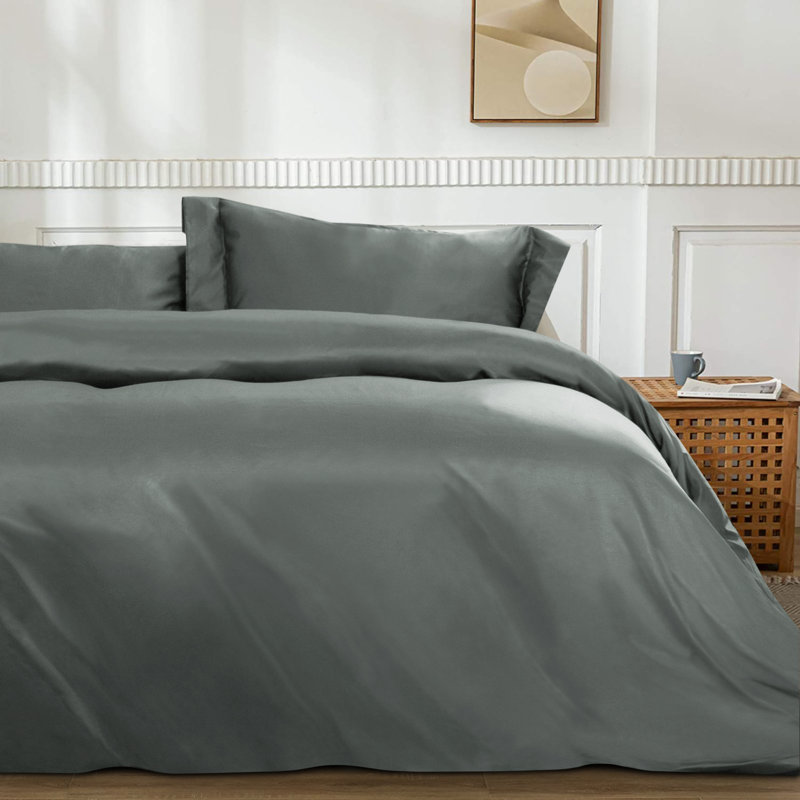 3 Pieces Duvet Cover Set, Satin Comforter Cover Set with Hidden Zipper Design - NTBAY, King Duvet Cover + 2 Shams, Dark Gray