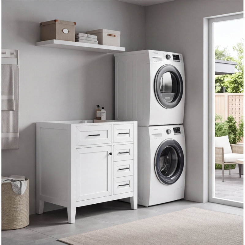 Base de meuble-lavabo autoportante blanche 30 po (armoire seulement) - Bois massif et panneau de fibres à densité moyenne, avec tiroirs