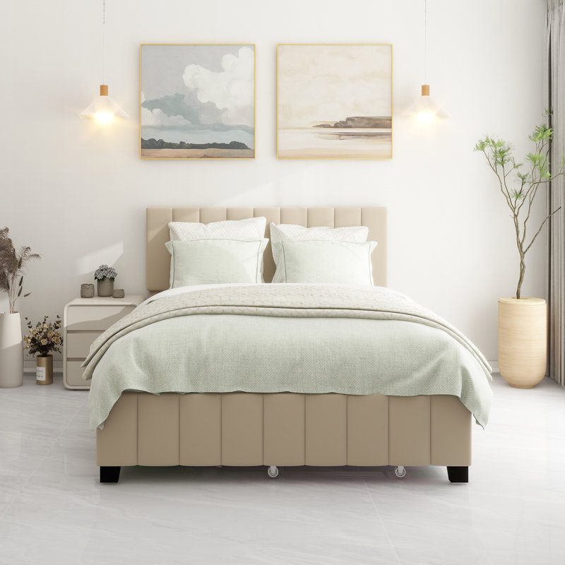 Grand lit standard capitonné avec rangement Lueker, Beige