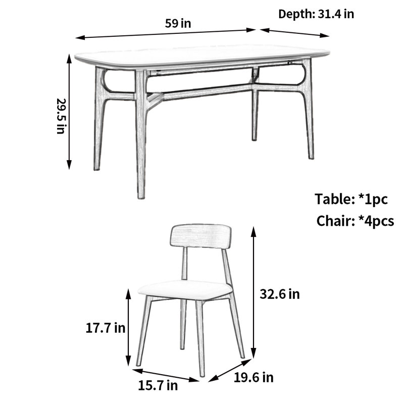 Table et chaise de salle à manger familiale et chaleureuse, H 29,5 po x L 59 po x l 31,4 po