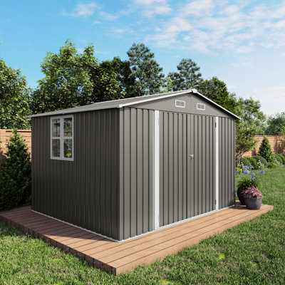 10 X 8 Ft Outdoor Gray Metal Storage Shed With Lockable Double - Doors, Air Vent, And Cottage Style Window For Backyard, Patio, Ideal Lawnmowers, Chairs Large Garden 120" L 96" W 76.4" H Latch On