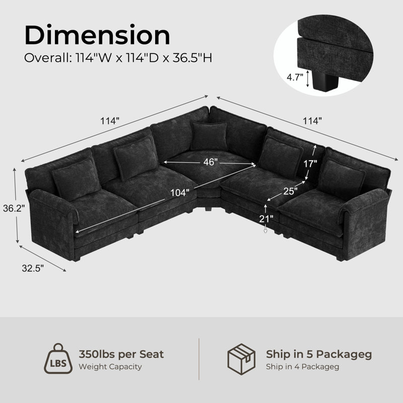 Amabilia L Shaped Upholstered Boneless Corner Modular Sectional Sofa Cloud Couch - Chenille Fabric, Black Chenille