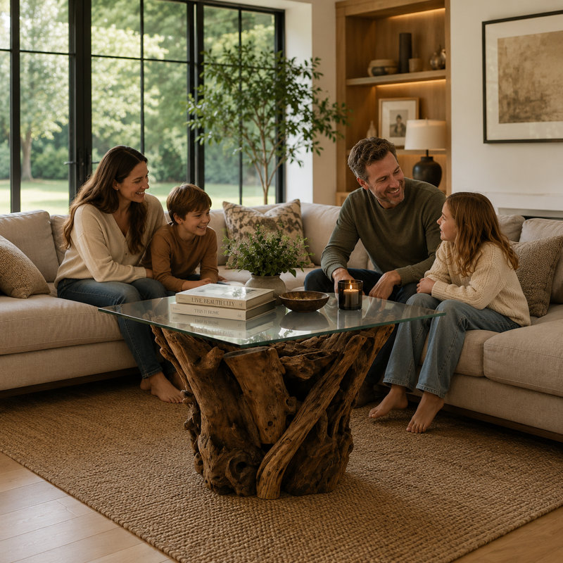 Aggelos Modern Teak Root Glass Stool - Handcrafted Natural Wood Side Table with Tempered Glass