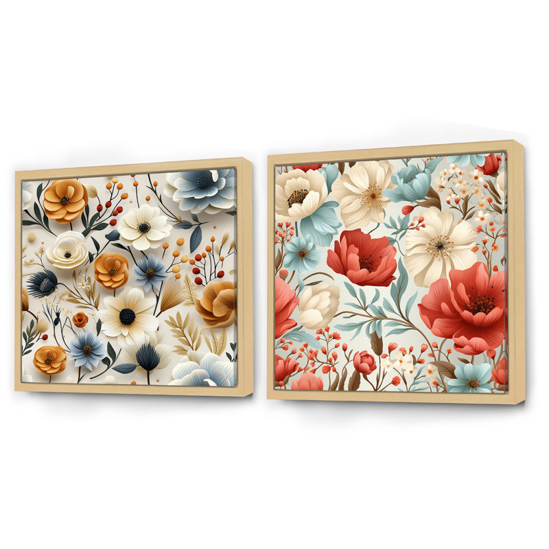 Poppy Dreams doré et blanc - ensemble de 2 collages carrés floraux, Cadre flottant brun, H 30 po x l 61 po