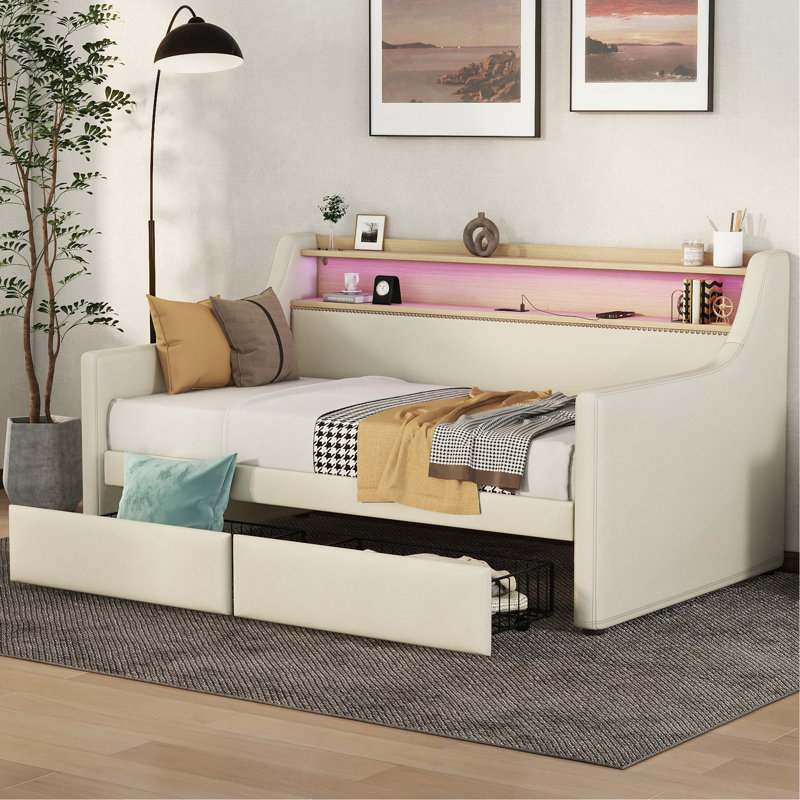 Twin Size Daybed With Storage Drawers, Upholstered Daybed With Charging Station And LED Lights