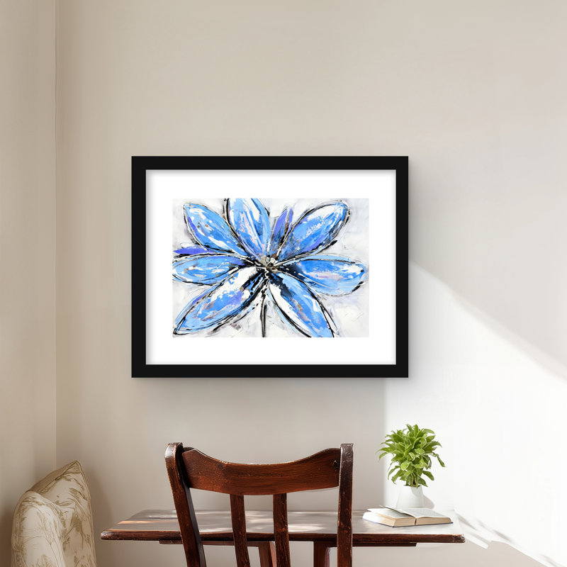 «Blue Flower - White», reproduction encadrée contemporaine, Noir, H 16 po x l 20 po
