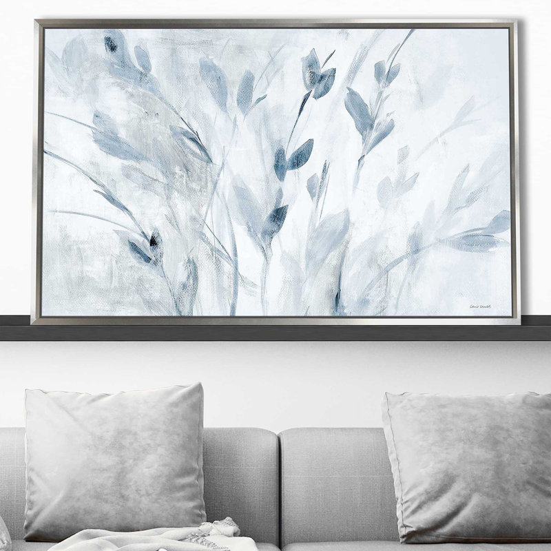 «Blue Misty Leaves» par Lanie Loreth - Peinture, Cadre flottant argent, H 31,5 po x l 51,5 po x P 2 po