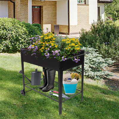 Elevated Garden Cart With Wheels: Mobile Raised Planter Box For Vegetables & Herbs - Metal Frame With Storage Shelf & Ergonomic Height Design For Seniors Backyard Gardening