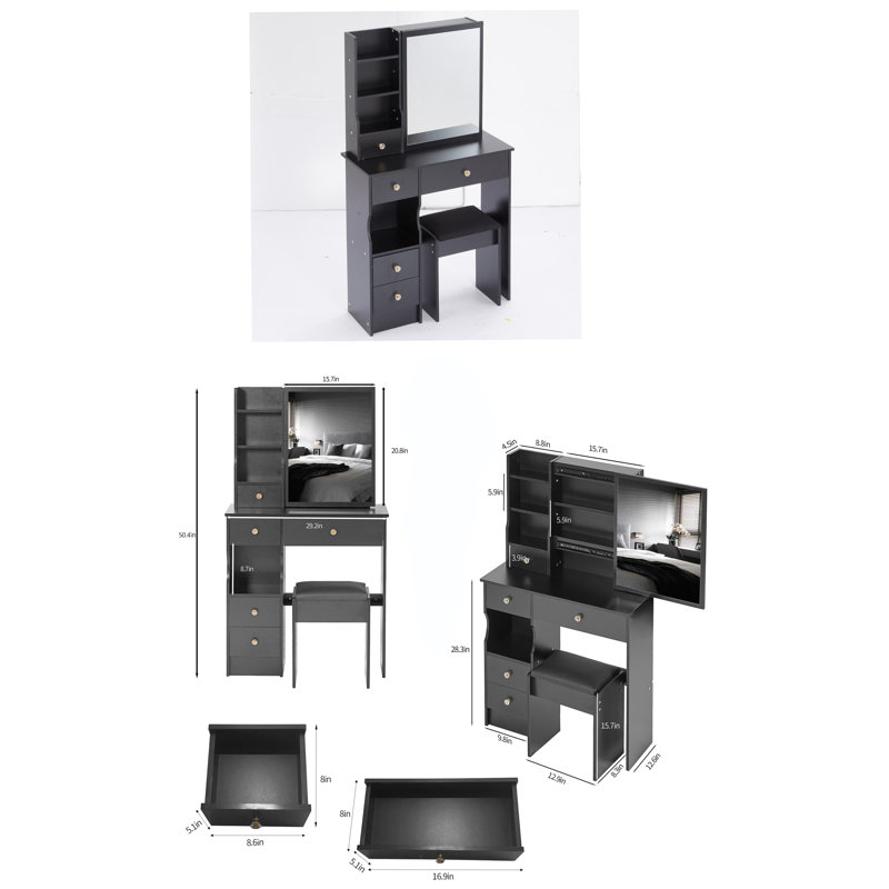 29.2" Small Size Left Drawer Desktop Vanity Table + Cushioned Stool, Extra Large Right Sliding Mirror, Multi Layer High Capacity Storage, Practical Fashionable Dresser, Suitable For Small Space