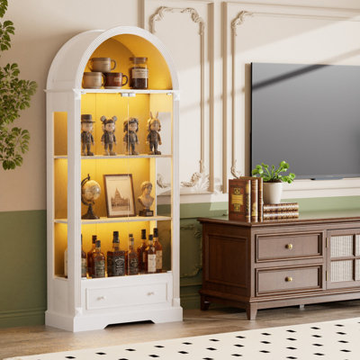 70.9"tall arched display cabinet,kitchen storage cabinet with glass doors,LED light strips, and drawers; modern farmhouse-style display cabinet suitable for the Living room, Kitchen,Dining room,White