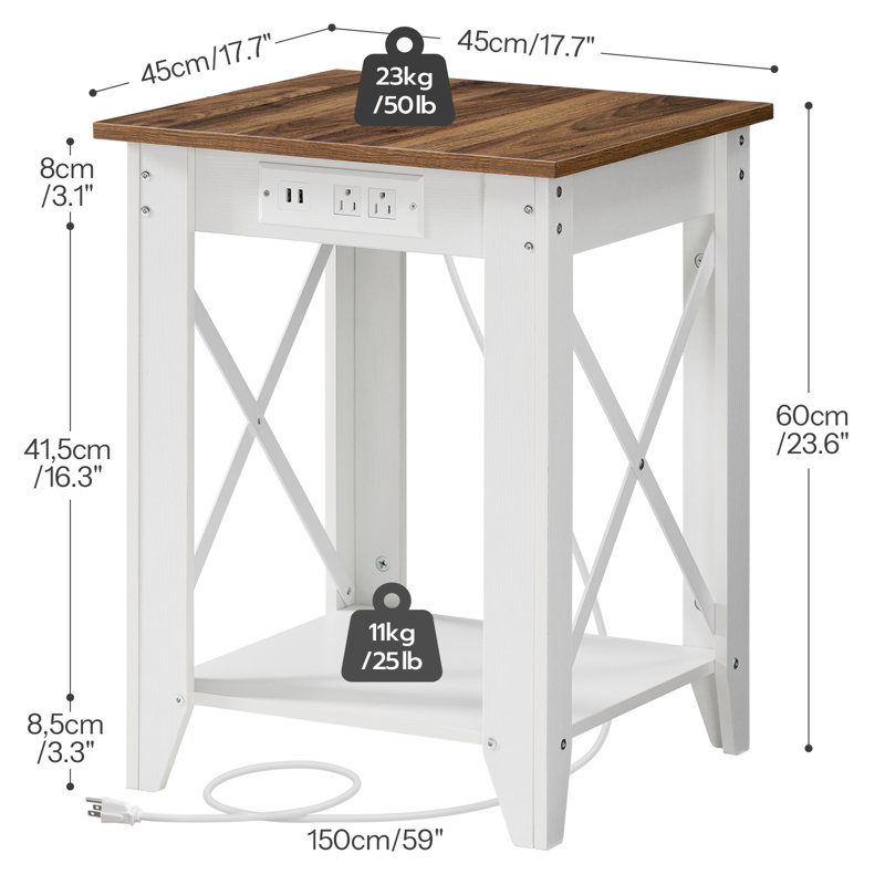 Table de bout 23,6 po avec prises intégrées Alonso, Plateau chêne brun / base blanche
