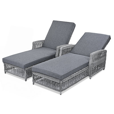 2 Pieces Long Reclining Chaise, Outdoor Lounge With Armrests, Patio Adjustable Recliner With Soft Removable Cushions(Table Not Include)