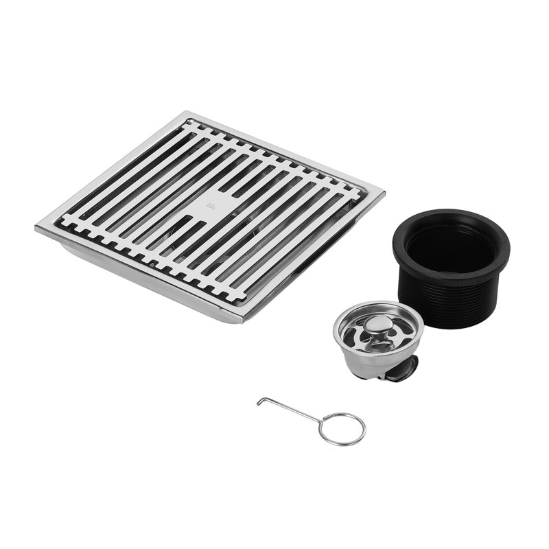 FINE FIXTURES Square Shower Floor Drain, 4 inch Slotted Grate Design, 10-Gauge 304 Stainless Steel, Center Outlet, Fast Drainage, Hair Strainer Included