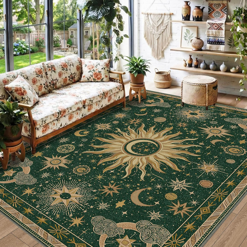 5X7 Area Rugs, Washable Vacuum-Friendly Non-Slip Rug Vintage Boho Sun And Moon Printed Pattern Low Pile Carpet For Living Room Bedroom Dining Room Hallway Entryway,Green Gold Yellow