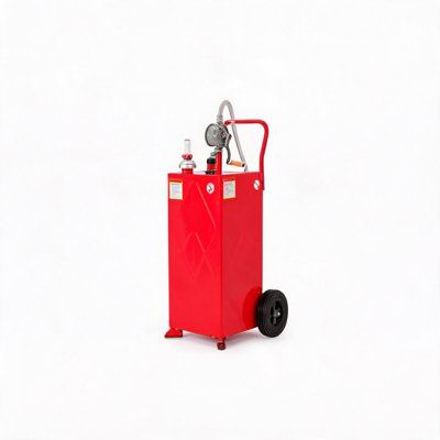 1 Steel Fuel Tank Trolley | 2-wheel | With manual feed pump | Fitted with a 9.8-foot kink-free hose and nozzle | Anti-static hose clamp | Teflon tape | Red | 35 gallons | With diamond-patterned finish