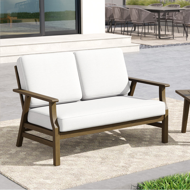 Solid Wood Teak Outdoor Loveseat With Cushion And Arms, Beige, Brown