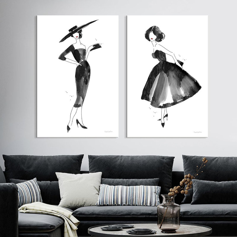 2 Pieces Fashion Women Canvas Wall Art Trendy Models Painting Black and White Funky Poster Pictures Framed Artwork for Bedroom Bathroom Makeup Room Decor 12"x16" (30cmx40cm)
