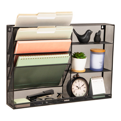 Organiseur de dossiers vertical à 4 niveaux avec 3 tablettes pour accessoires, fixation murale ou utilisation sur bureau, trieur de documents en maille métallique