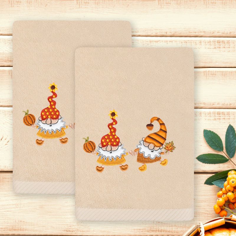  Linum Home Textiles Autumn Gnomes - Embroidered Luxury 100% Turkish Cotton Hand Towels, Sand