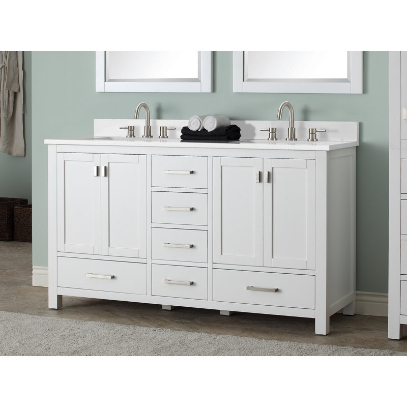 Meuble-lavabo double 60 po avec plateau Souther, Blanc, Marbre blanc de Cala