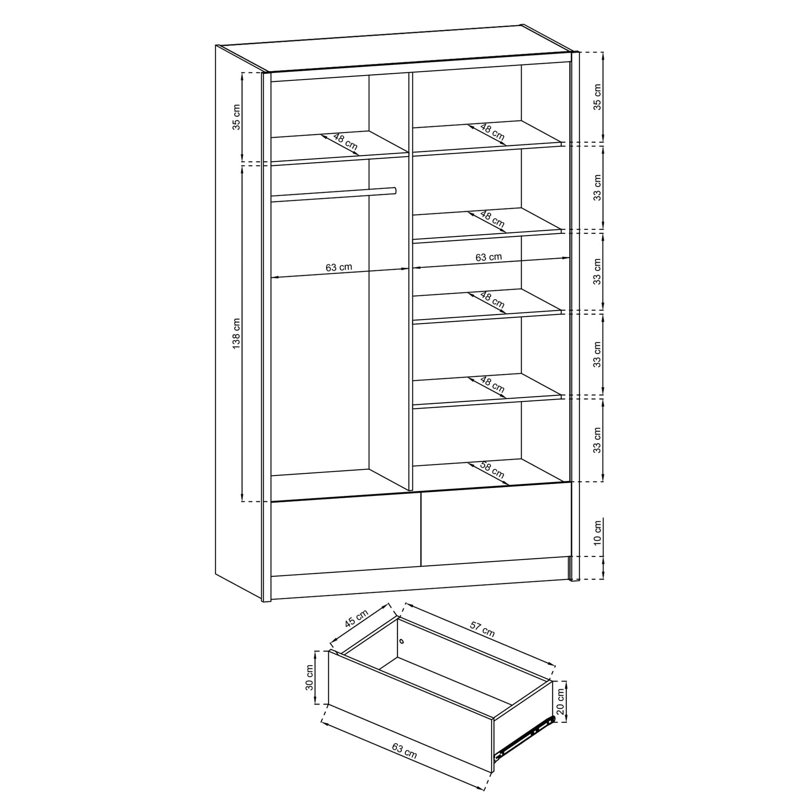 Dakeisha 2 Door Wardrobe, 214cm H x 154cm W x 62cm D, Black