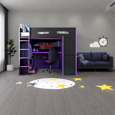 Lit mezzanine double moderne avec rangement, bureau en bois aggloméré pour chambre à coucher