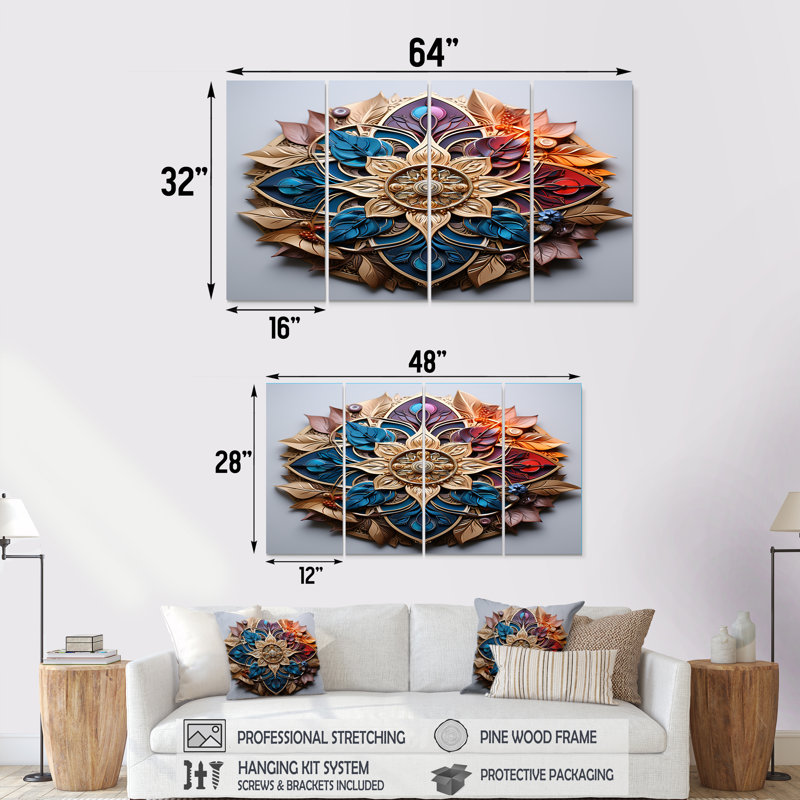 4 pièces de 4 pièces, art floral doré doré pour salon, H 28 po x l 48 po