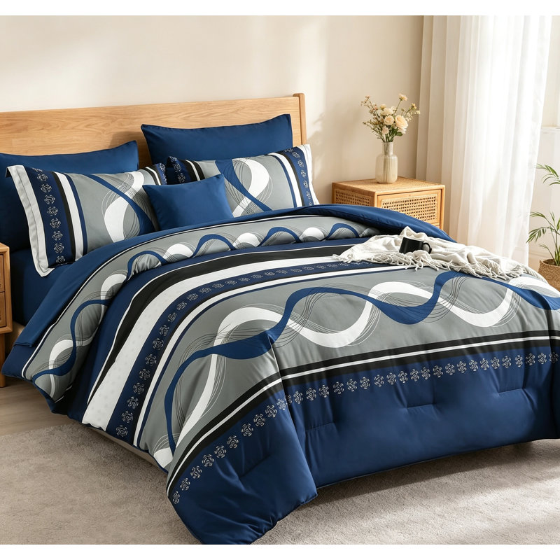 Ensemble de couette bleu marine Queen 8 pièces de style bohème, livré dans un sac