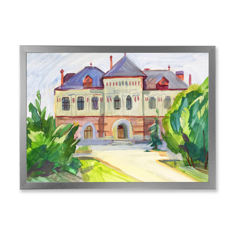 Paysage, château français - reproduction sur toile, H 8 po x l 12 po x P 1 po, Cadre de coin argenté fermé