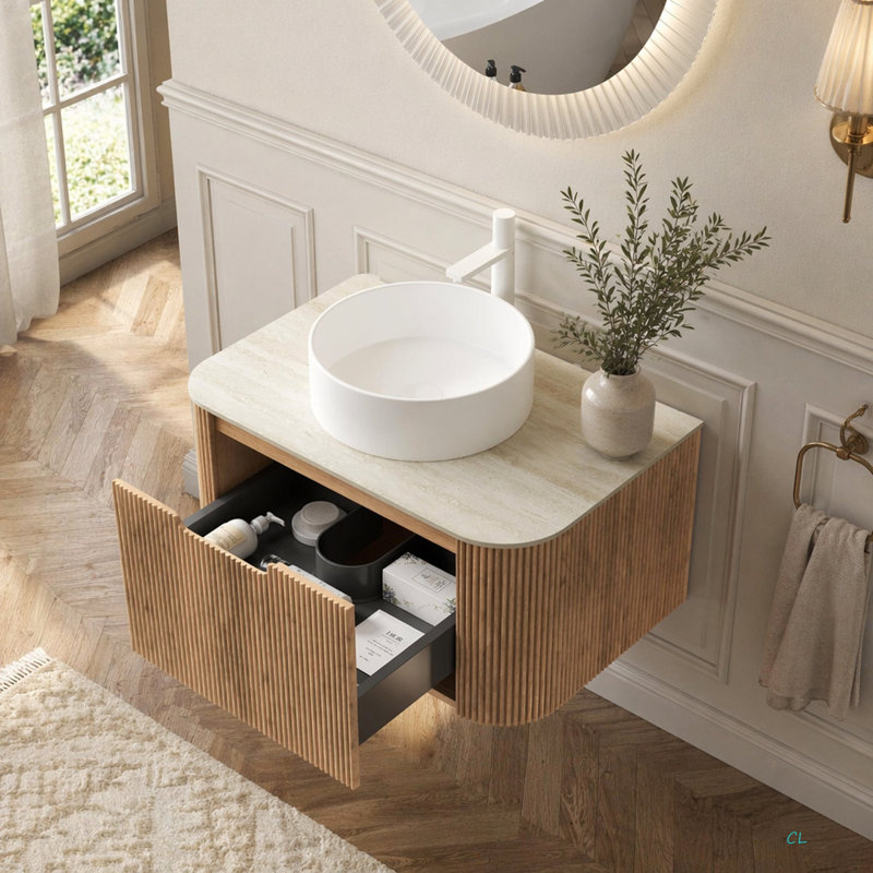 Meuble-lavabo et évier de salle de bain de 30 po avec bord arrondi, tiroir en contreplaqué rayé avec tiroir en céramique et plateau en pierre frittée à motif de travertin, pré-assemblé