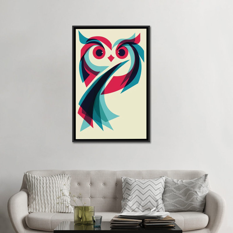 « hibou », impression sur toile tendue, H 26 po x l 18 po x P 1,5 po, Toile avec cadre noir, Pas de tapis
