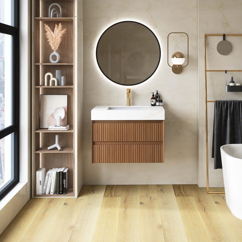 Meuble-lavabo flottant rayé flottant pré-assemblé avec tiroirs, plateau en pierre frittée et vasque encastrée en céramique, couleur grain de bois chêne brun