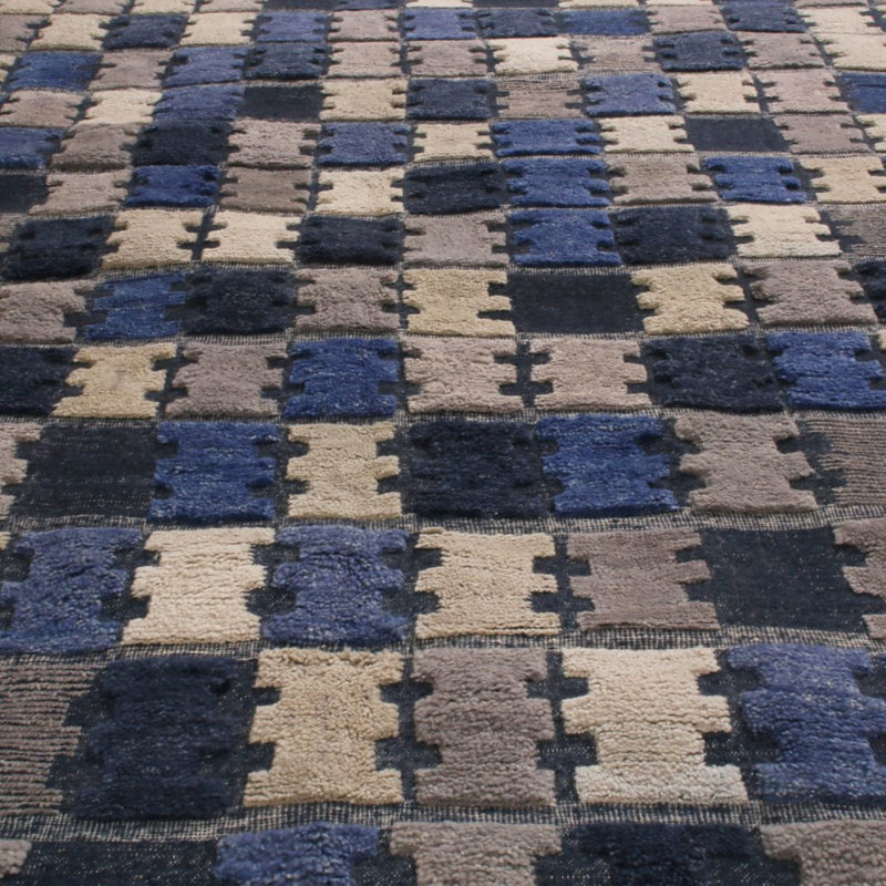 Rug & Kilim’S Scandinavian Geometric Gray And Blue Wool Pile Rug, Rectangle 10' x 14'