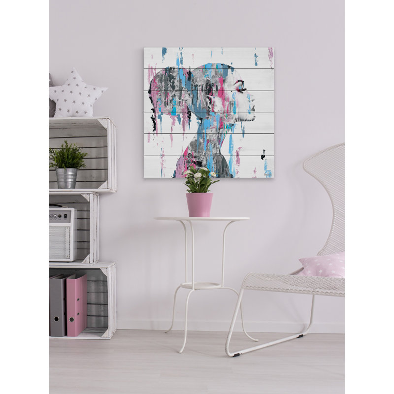 Reproduction d’art sur bois blanc « face de la tête rose bleue », H 24 po x l 24 po x P 1,5 po