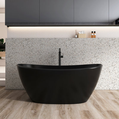 65 inch Solid Surface Freestanding Bathtub, Artificial Stone One-Piece Soaking Tub, Matte Black