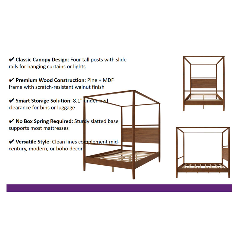 Mid-Century Modern Canopy Bed Frame - Solid Wood 4-Poster Design, Walnut Finish, No Box Spring Needed, Queen